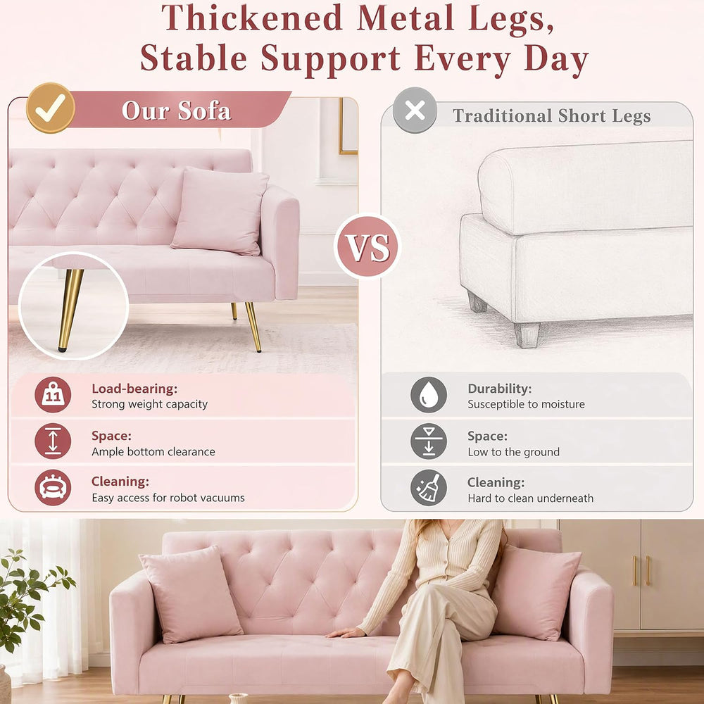 71" Pink Velvet Sofa Bed, Convertible Futon Couch, Adjustable Back