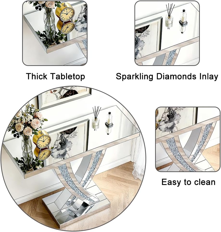 Silver Mirrored Console Table with Crushed Diamond Inlay, 39.4'' Long...