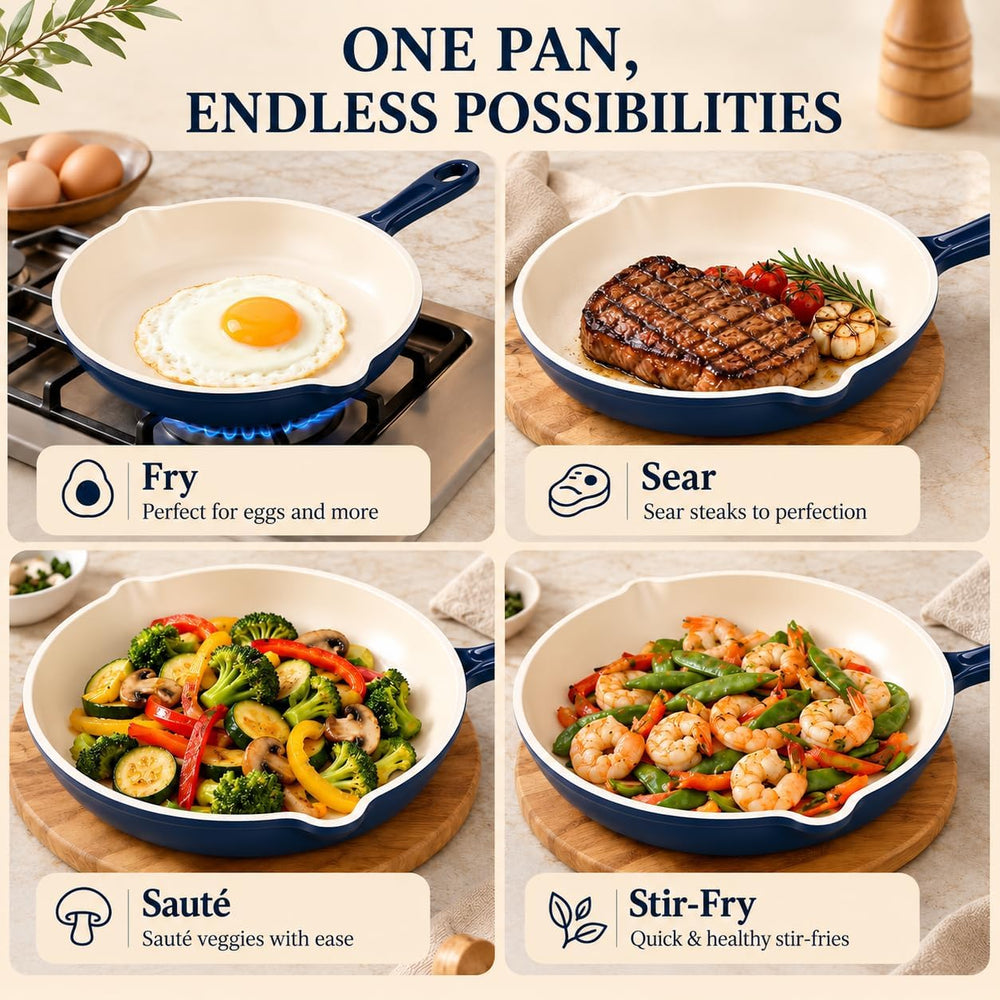 Hisencn Pans Set,8 & 9.5 Inch Ceramic Cast Iron Pans Set,Blue
