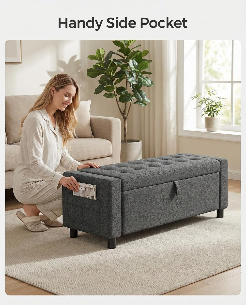 Amada 46" Storage Ottoman Bench, Side Pocket, Safety Hinge, Dark Gray | ...