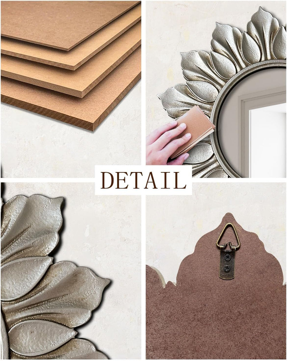 Sunflower Sunburst Wall Mirror, 22" Distressed Silver Wooden Frame