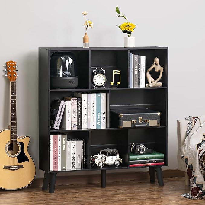 YAHARBO 8 Cube Bookshelf,3 Tier Bookcase with Legs,Black Mid-Century Modern B...