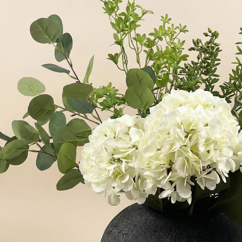 Faux Arrangement - Eucalyptus & White Hydrangea Flowers, Large Artificial...