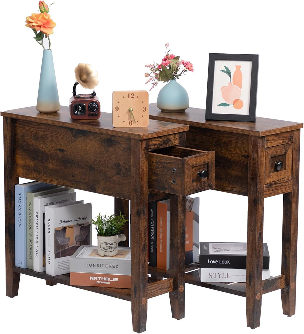 Brown 2 Pack Chairside Narrow End Table with Drawer, Solid Recliner Side Tabl...