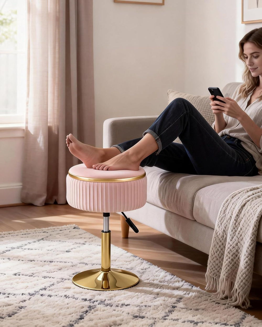 LITZFUR Adjustable Vanity Stool with Storage, 360° Swivel Gold Chair, Velvet ...