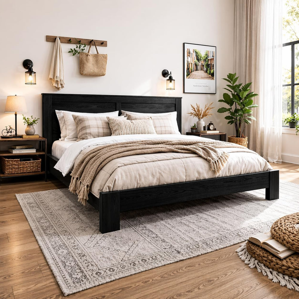 Wooden Bed Frame Full Size with Headboard, Farmhouse Platform Bed