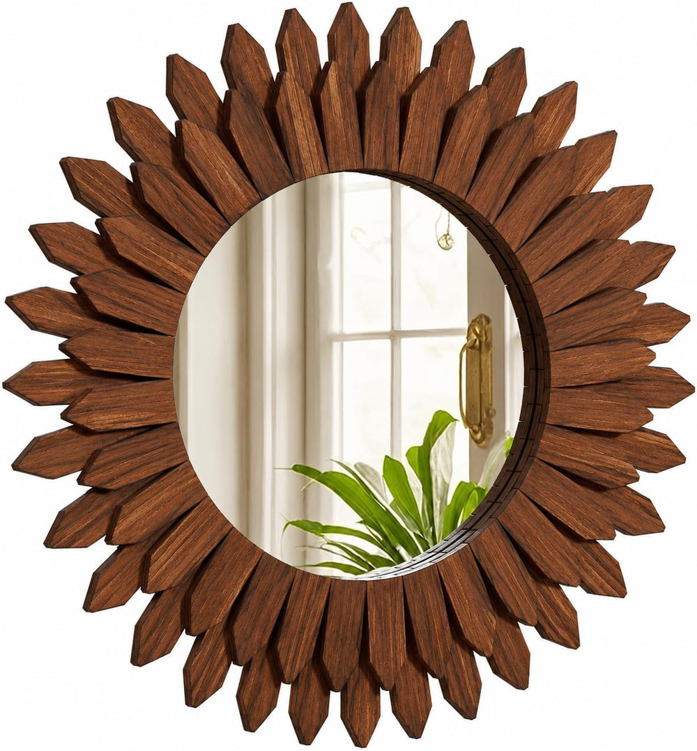 20" Walnut Round Sunburst Wooden Mirror Boho Rustic Wall Decor