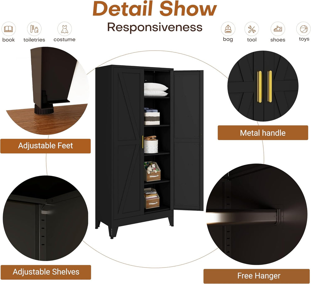 71" Metal Wardrobe Closet Clothing Storage Cabinet with Hanging Rod