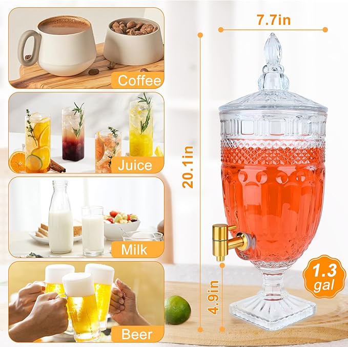 1.3 Gallon Glass Drink Dispenser, Glass Beverage Dispenser