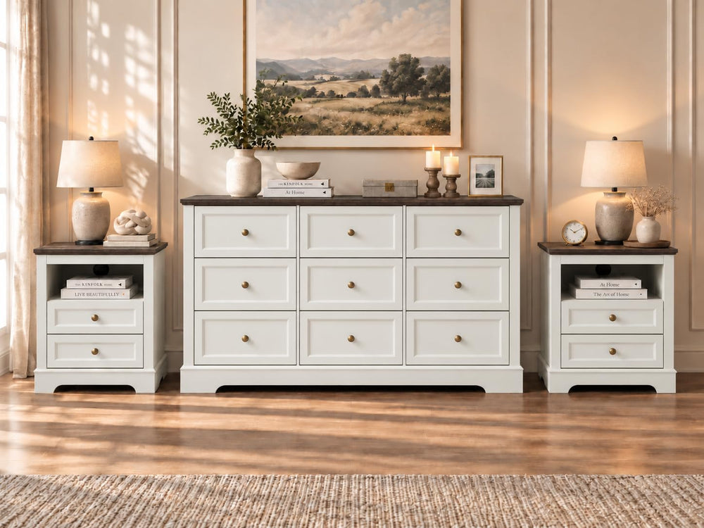 Farmhouse Bedroom Sets of 3, Including 9 Drawer Dresser, Nightstand Set of 2 ...