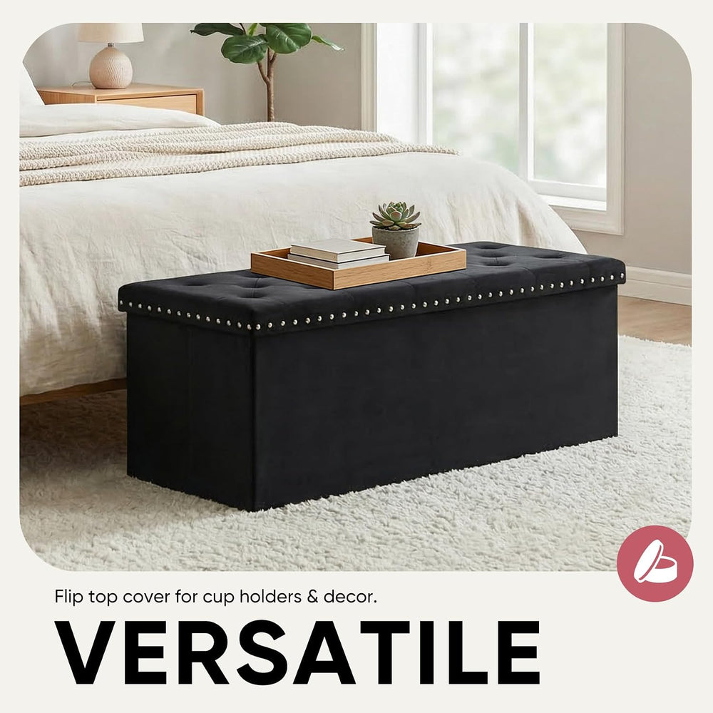 43 Inches Velvet Storage Ottoman Bench, Folding Upholstered Ottoman with Stor...