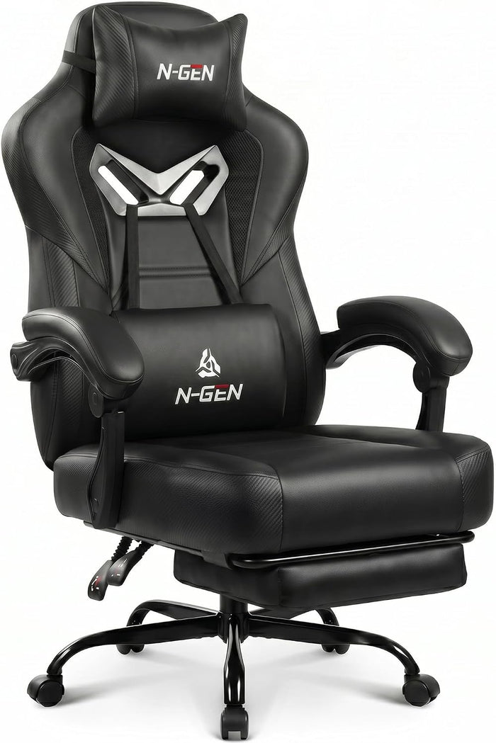 N-GEN GAMING Big & Tall Gaming Chair, Footrest, Lumbar Support, Dark Black