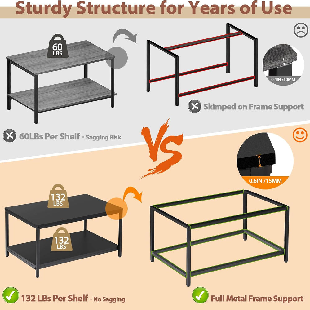 SUPER DEAL 2-Tier Industrial Coffee Table with Storage Shelf for Small Apartm...