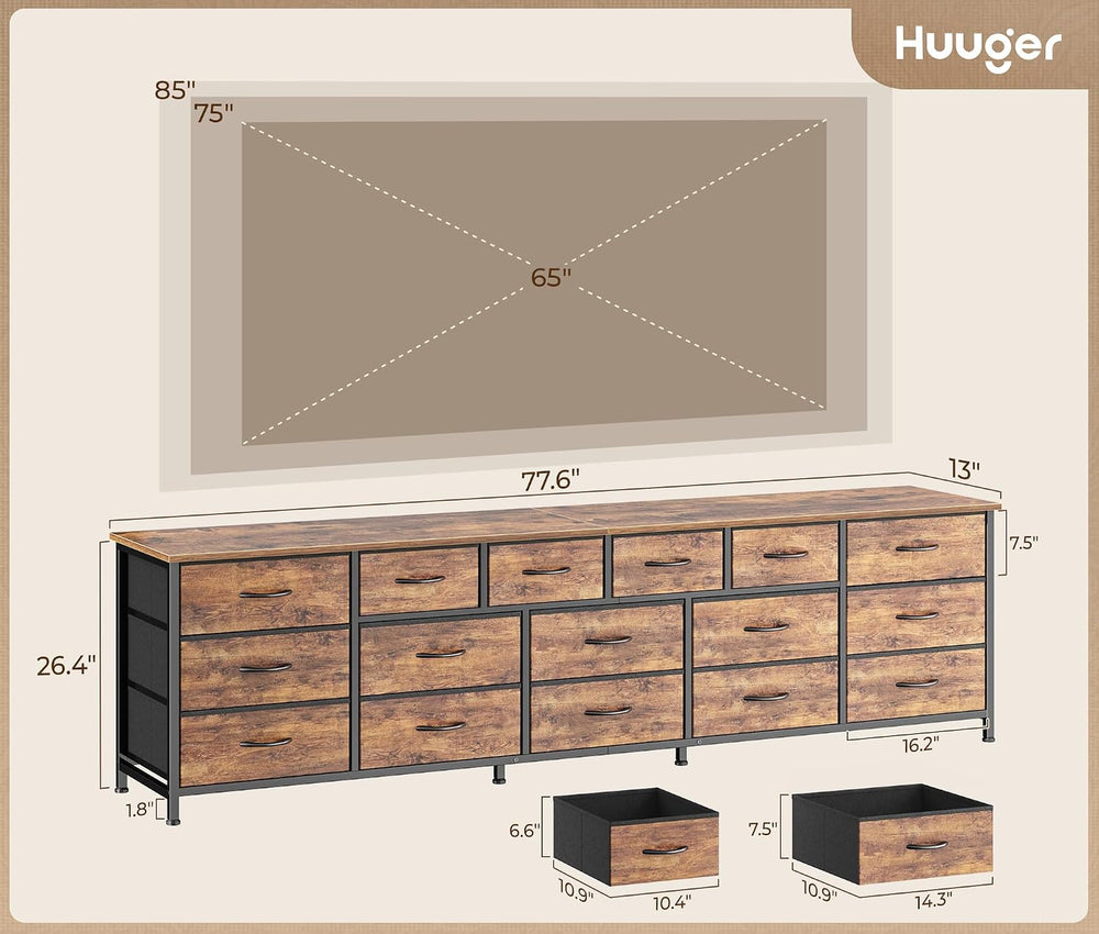 Huuger 77.6" Long Dresser for Bedroom, 16 Drawer Fabric Dresser for Clos...