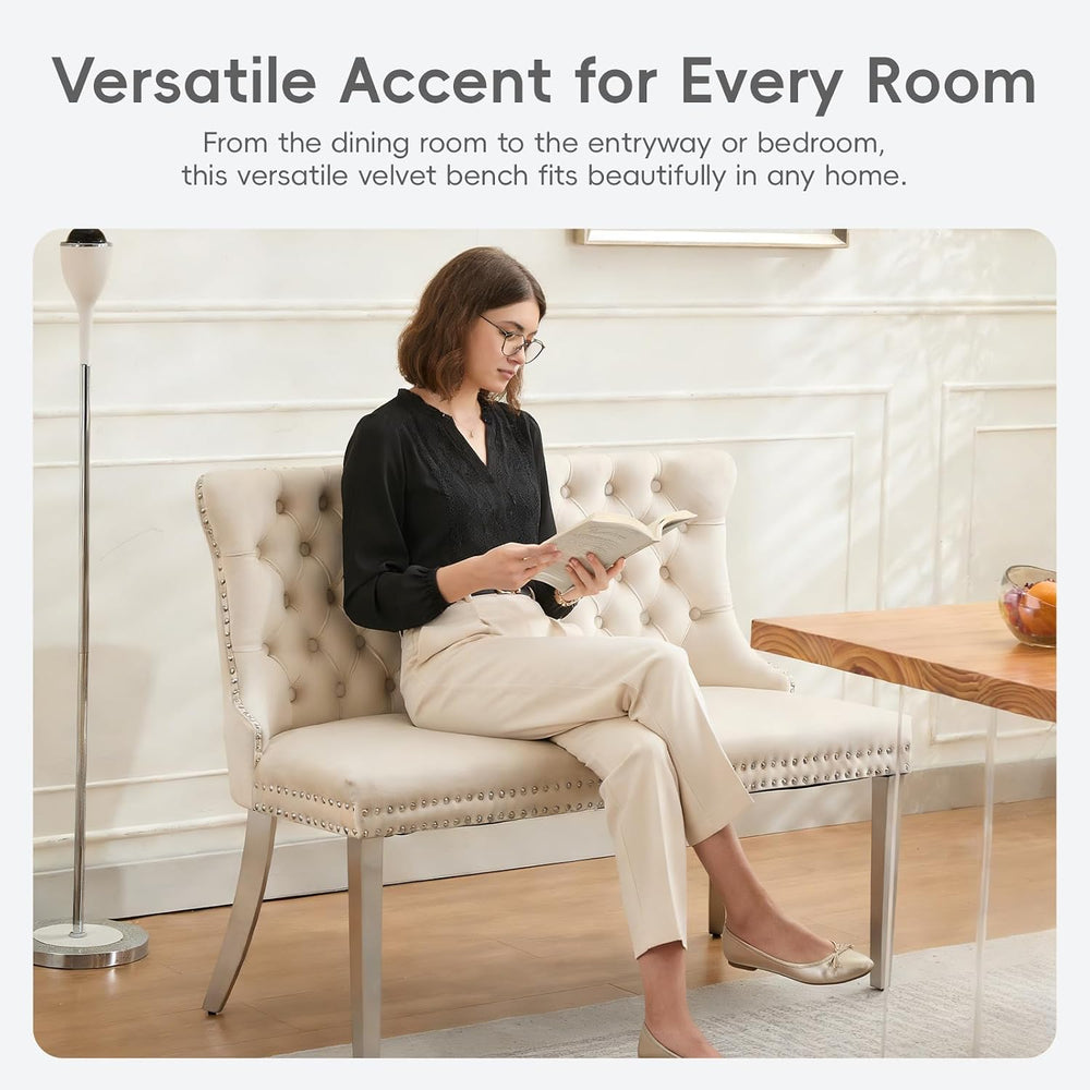 Beige Velvet Dining Bench, Tufted Upholstered Dining Loveseat