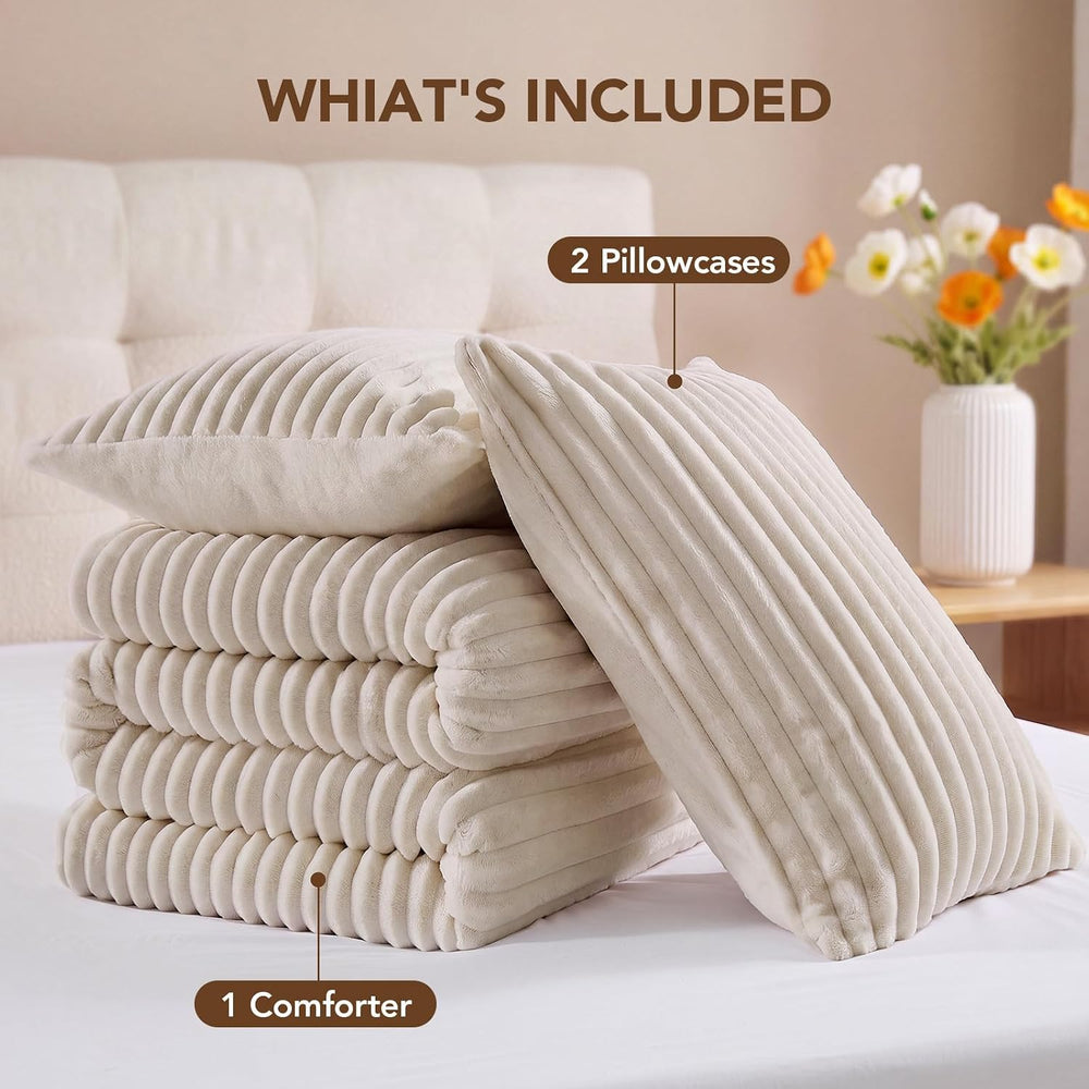 HYLEORY Fluffy Queen Comforter Set 3 Pieces - Fleece Fluffy Soft & Warm P...