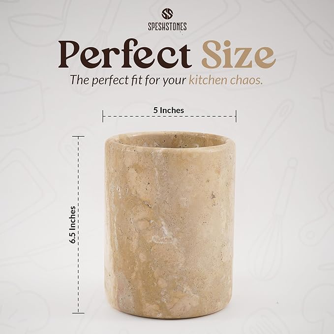 Marble Utensil Holder 6.5 Inch Travertine Utensil Caddy, Wooden Cooking