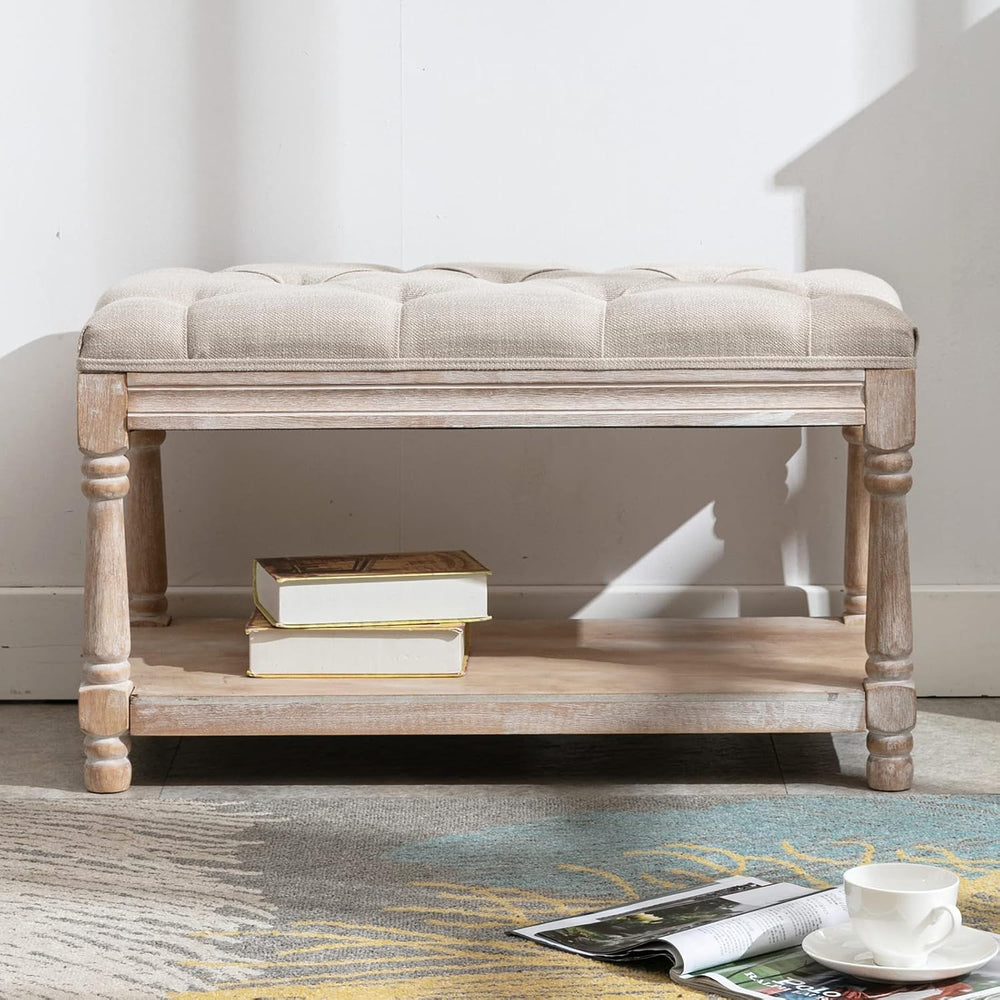 Farmhouse Storage Bench Wooden Entryway Linen Upholstered Ottoman Button Tuft...