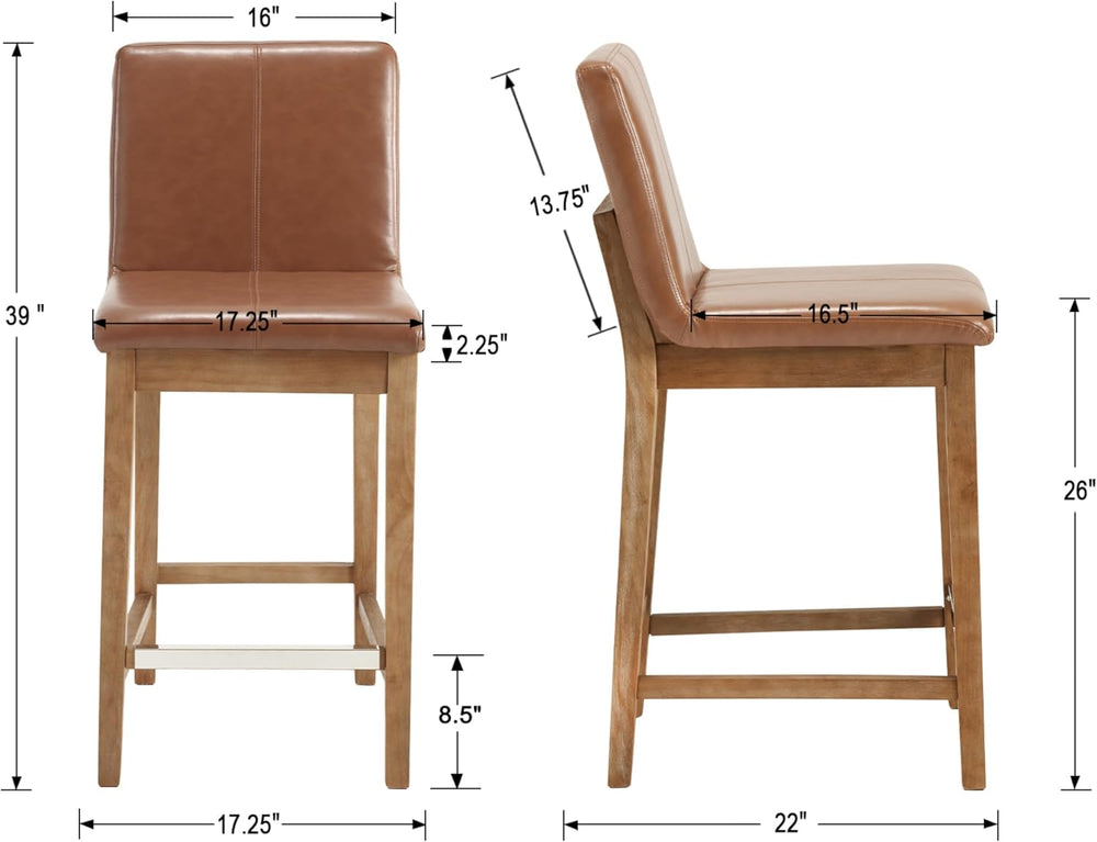 Kmax 26 Inch Bar Stools Set of 2 with Back Support, PU, Brown