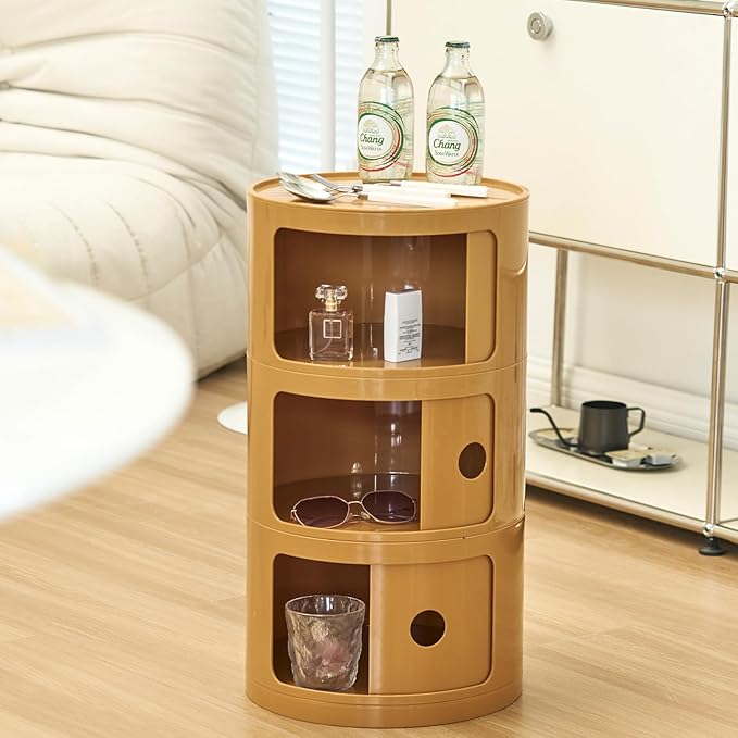 Round Nightstand with 3 Drawers, Modern Style Side Table, Multifunctional End...