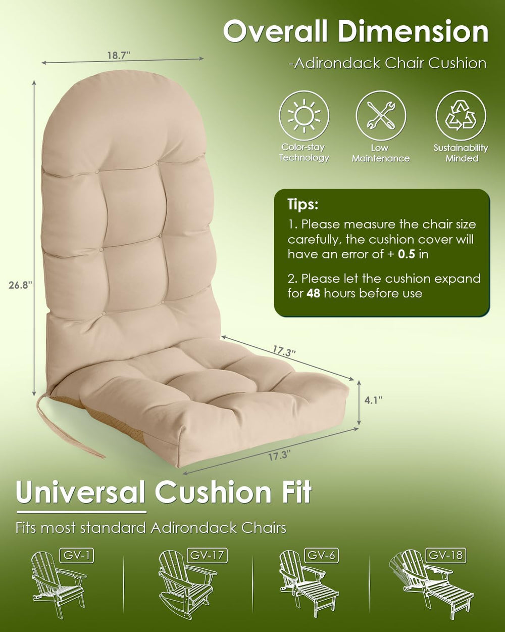 GREENVINES Adirondack Chair Cushions Set of 2, Polyester, Beige