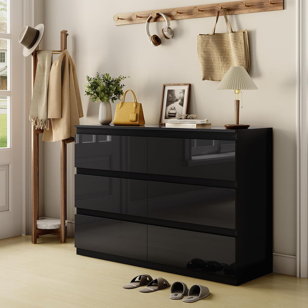 6 Drawer Dresser for Bedroom, 47" Wide Black Wood Chest for Storage