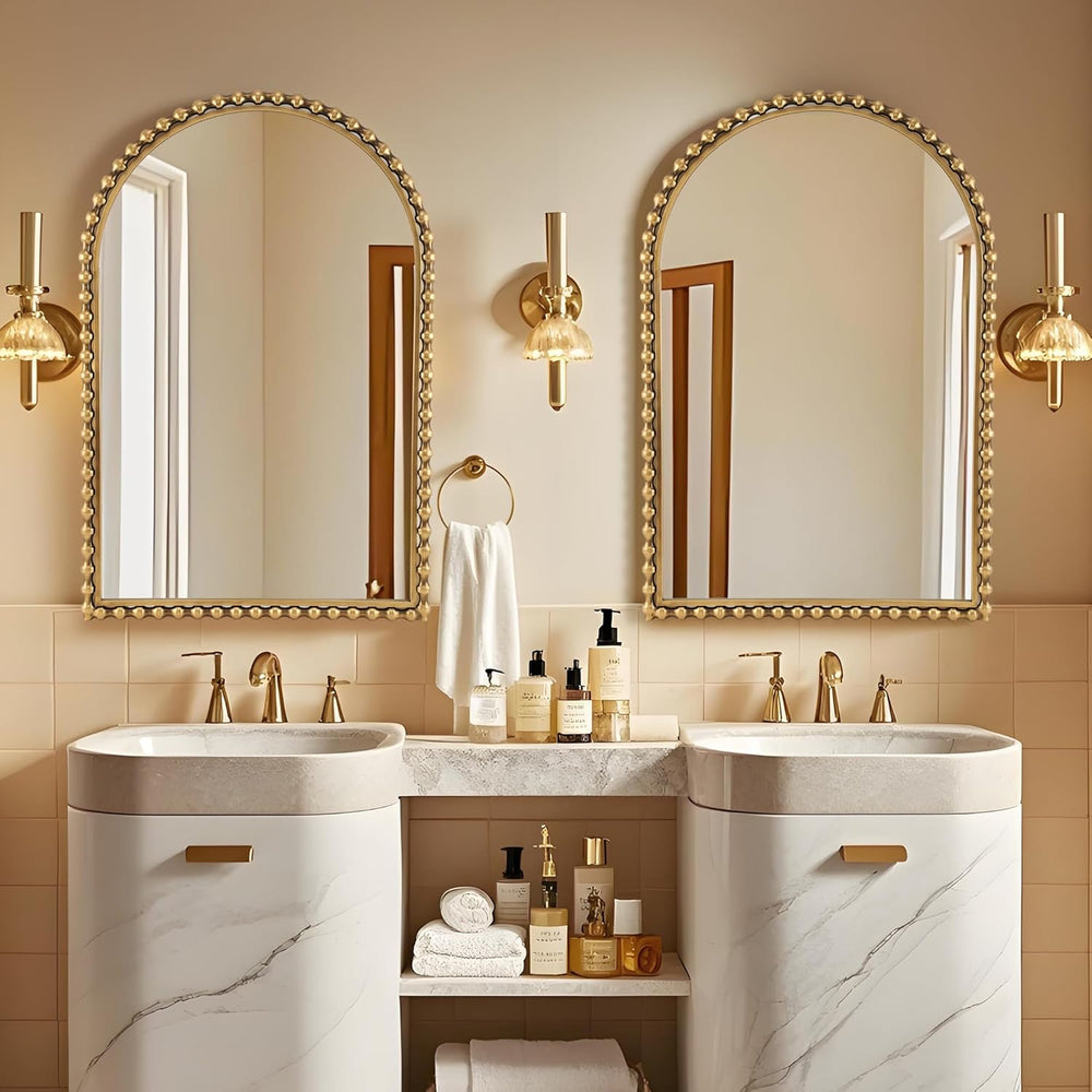24"x36" Antique Gold Arched Bathroom Mirror, Bold Beaded Frame