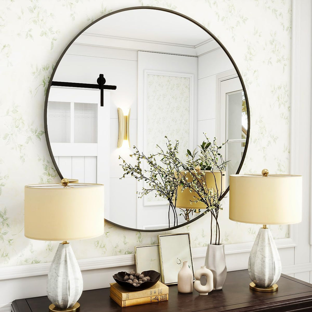VooBang Black Round Bathroom Mirror 30", Thin Metal Frame Wall Mirror
