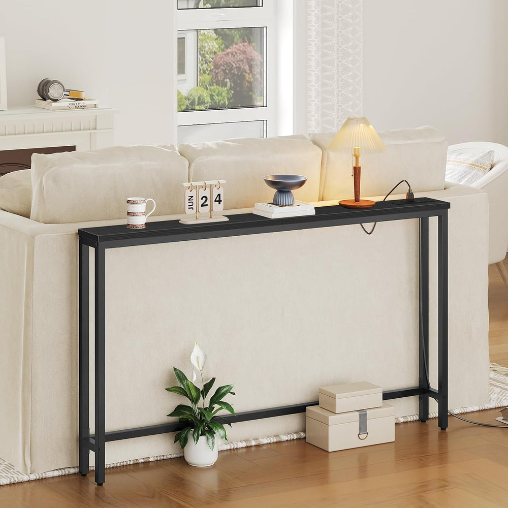 HOOBRO 55.1" Narrow Console Table with Power Outlets, 5.9" Behind C...