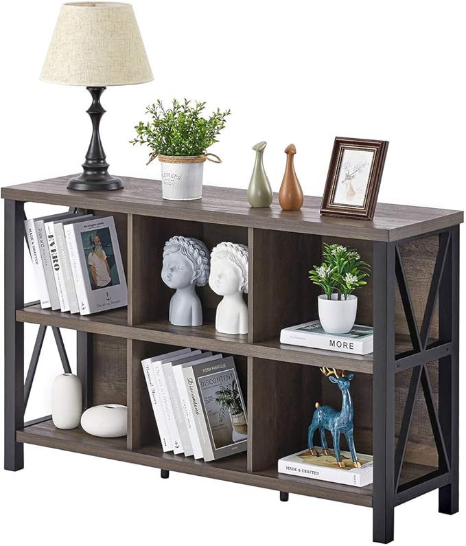 FATORRI Rustic 6 Cube Storage Organizer with Shelf, Wood and Metal Cubby Book...