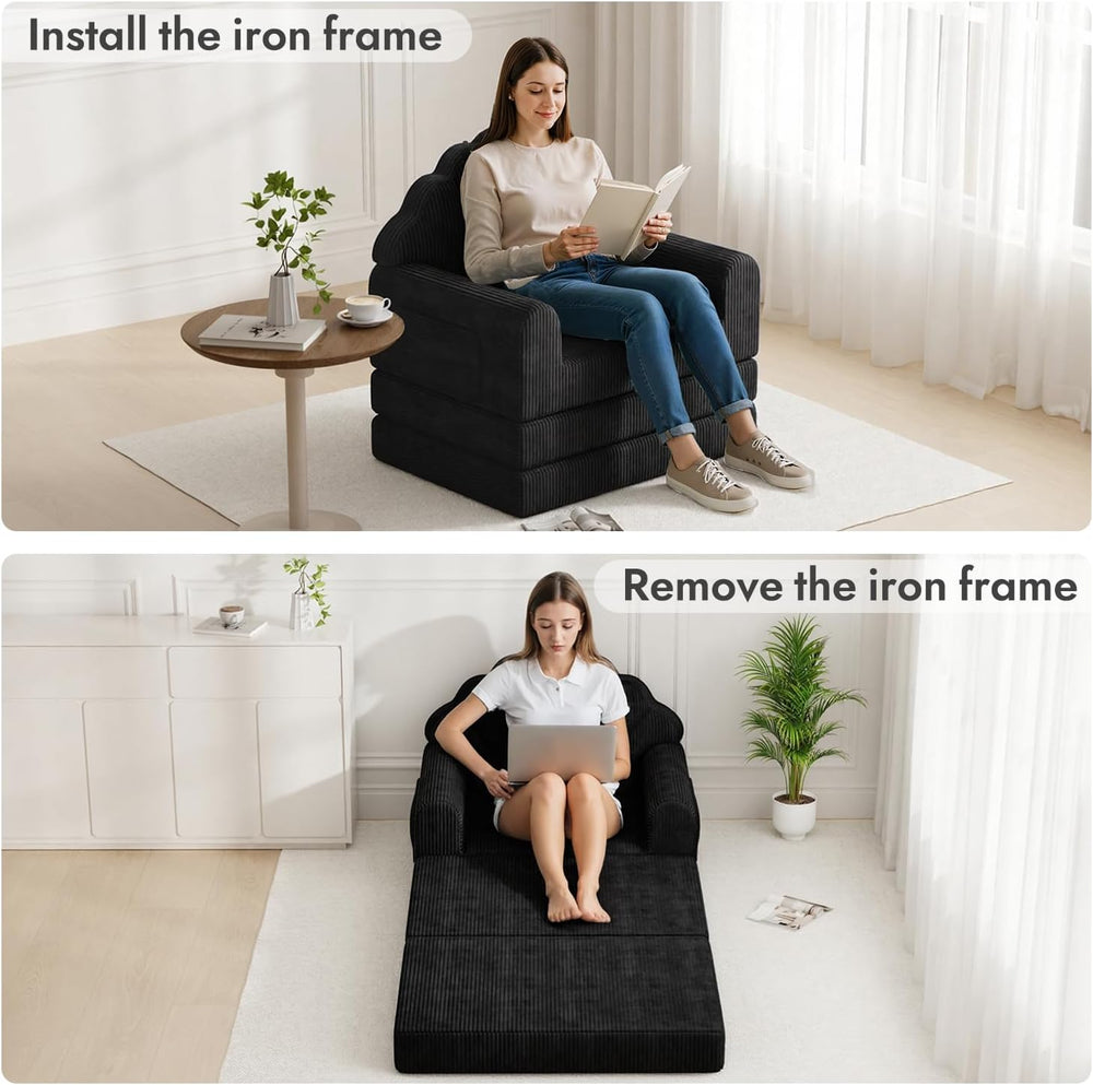 Folding Sofa Bed, 2-in-1 Convertible Futon Sleeper Chair, Black