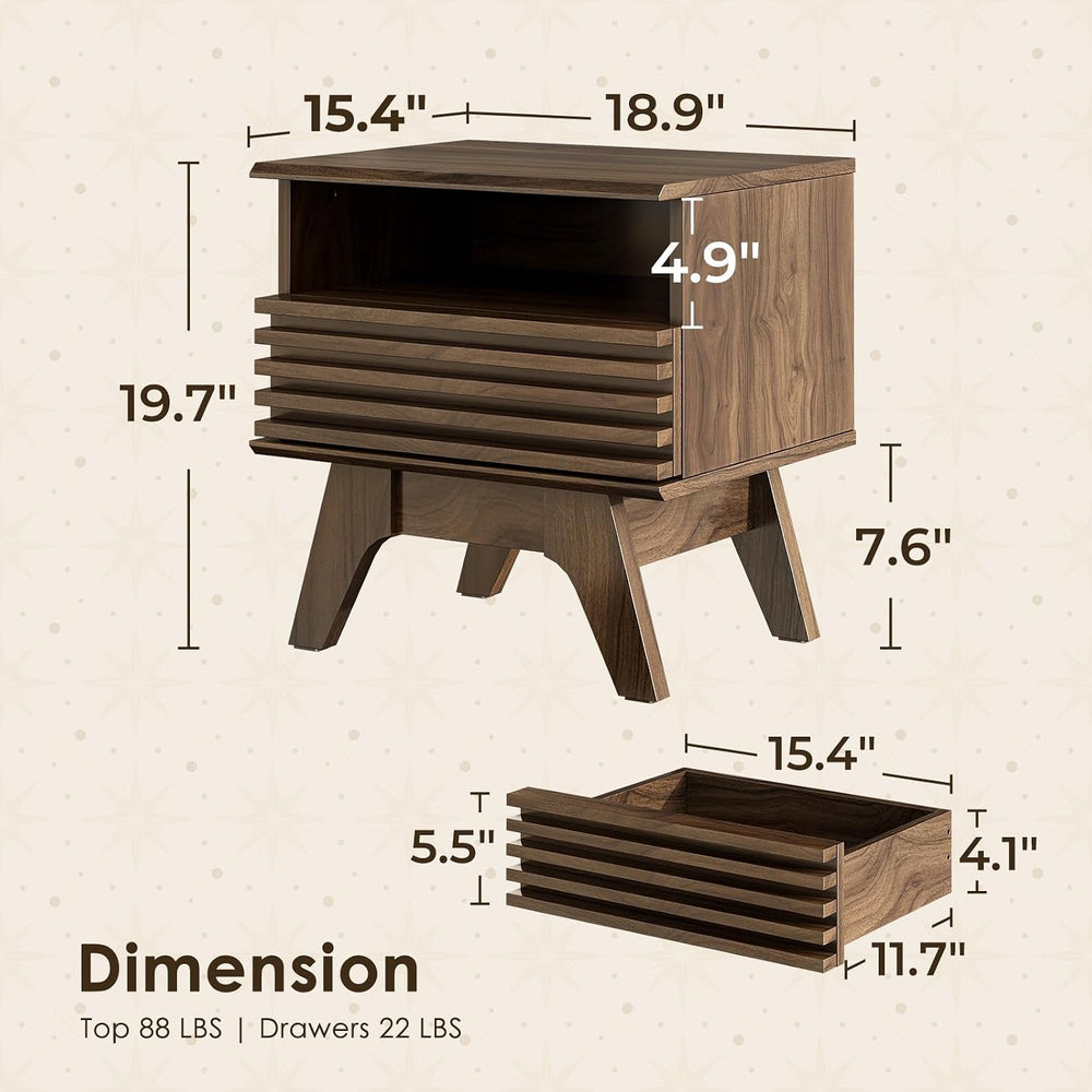AODK 19 Inch Wide Fluted Nightstand Set of 2 with Drawer, Dark Walnut | Open ...
