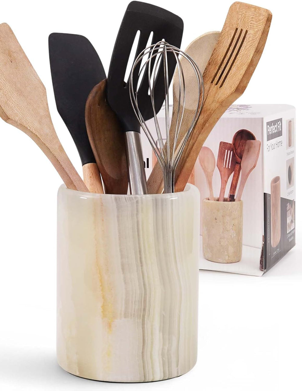 Marble Utensil Holder 6.5 Inch Cream Onyx Wooden Cooking Utensils Set & S...