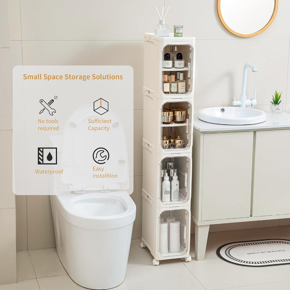 3-Tier Slim Narrow Bathroom Storage Cabinet, Cream White | Tool Free Assembly...