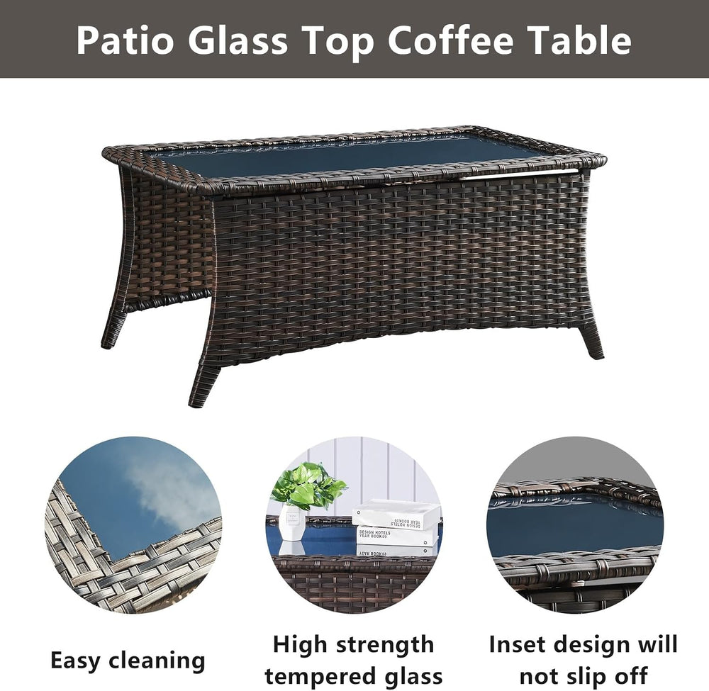 Belord Outdoor Coffee Table with Tempered Glass Top, Patio Rectangular Brown ...