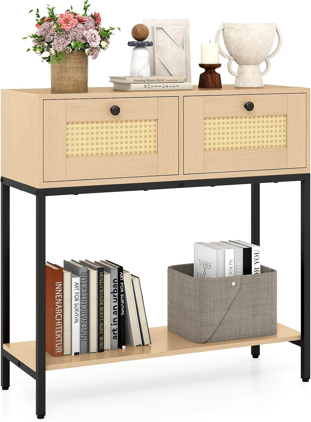 GOFLAME Rattan Console Table, Boho Entryway Table with 2 Drawers & Open S...