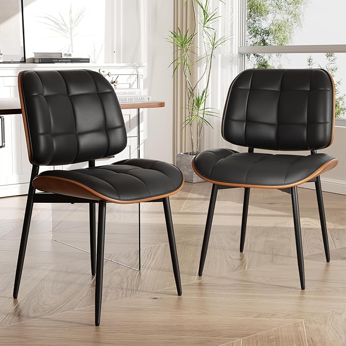 Dining Chair, Black Mid Century Modern Dining Room Chair, Upholstered Faux Le...