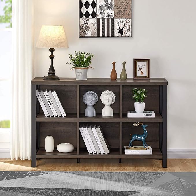 FATORRI Rustic 6 Cube Storage Organizer with Shelf, Wood and Metal Cubby Book...