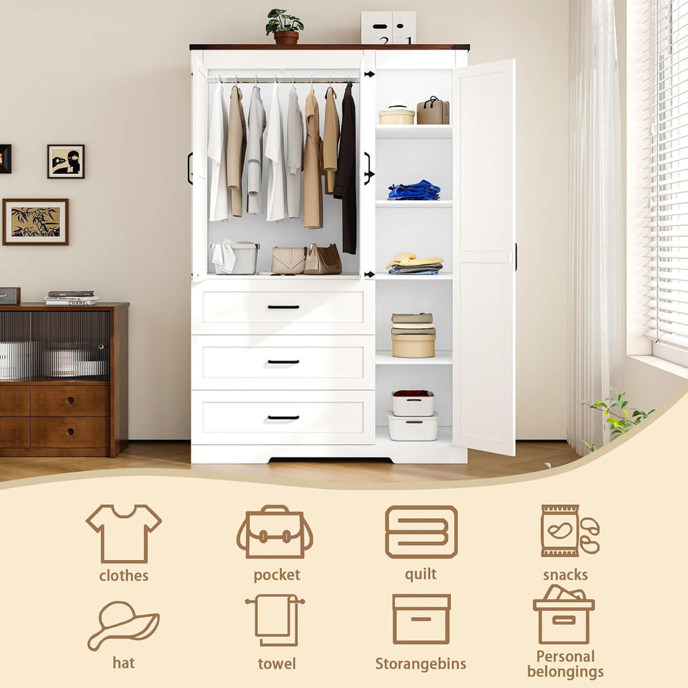 3 Door Armoire Wardrobe Closet Cabinet with 3 Drawers and Drawers, Farmhouse ...