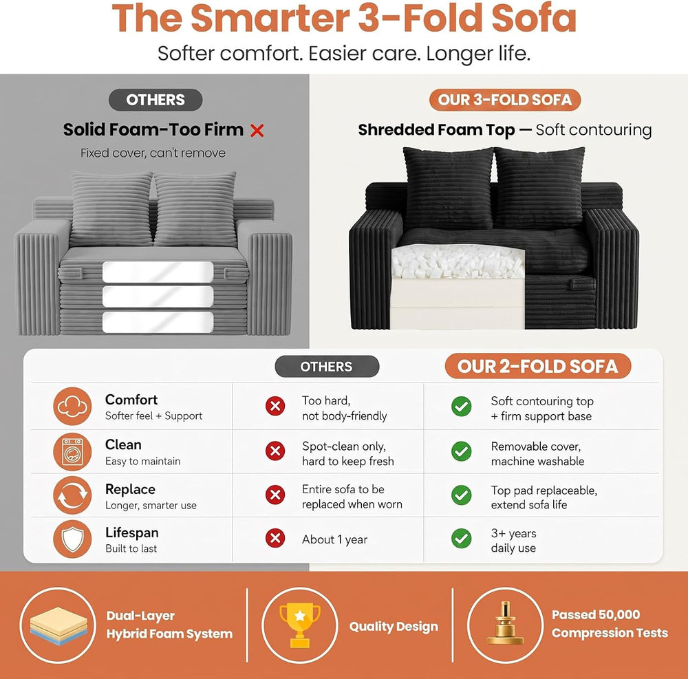 56'' Convertible Boneless Couch, Trifold Sofa Bed/Futon Sleeper with ...