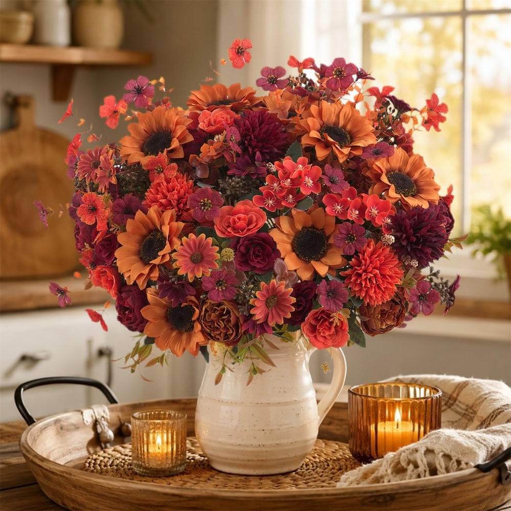Mixed 10 Pcs Fall Artificial Sunflower Peony Bouquet, Burnt Orange Burgundy S...