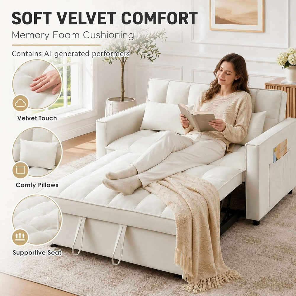 3 in 1 Pull Out Couch Bed, Convertible Futon Sofa Bed, Velvet Sleeper Lovesea...