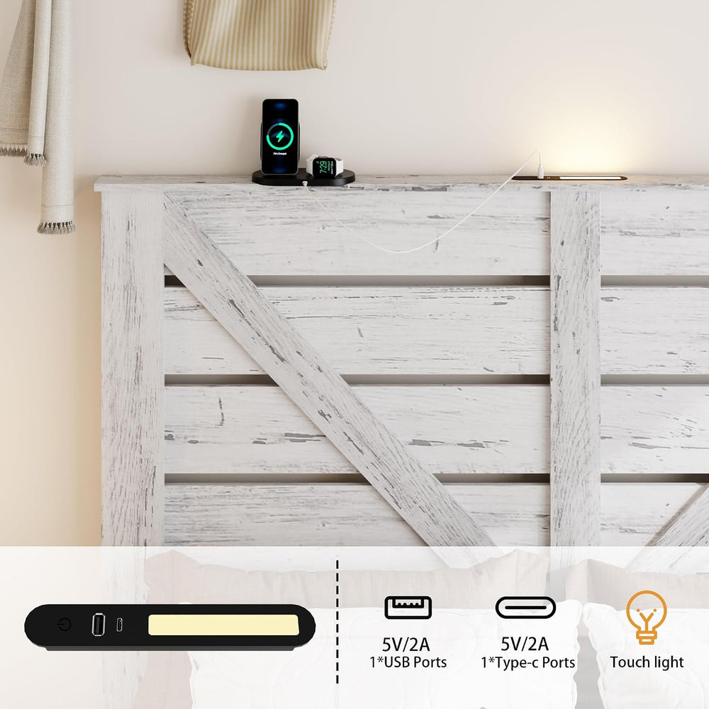 Full Farmhouse Bed Frame with Headboard, LED Lights, USB Charging