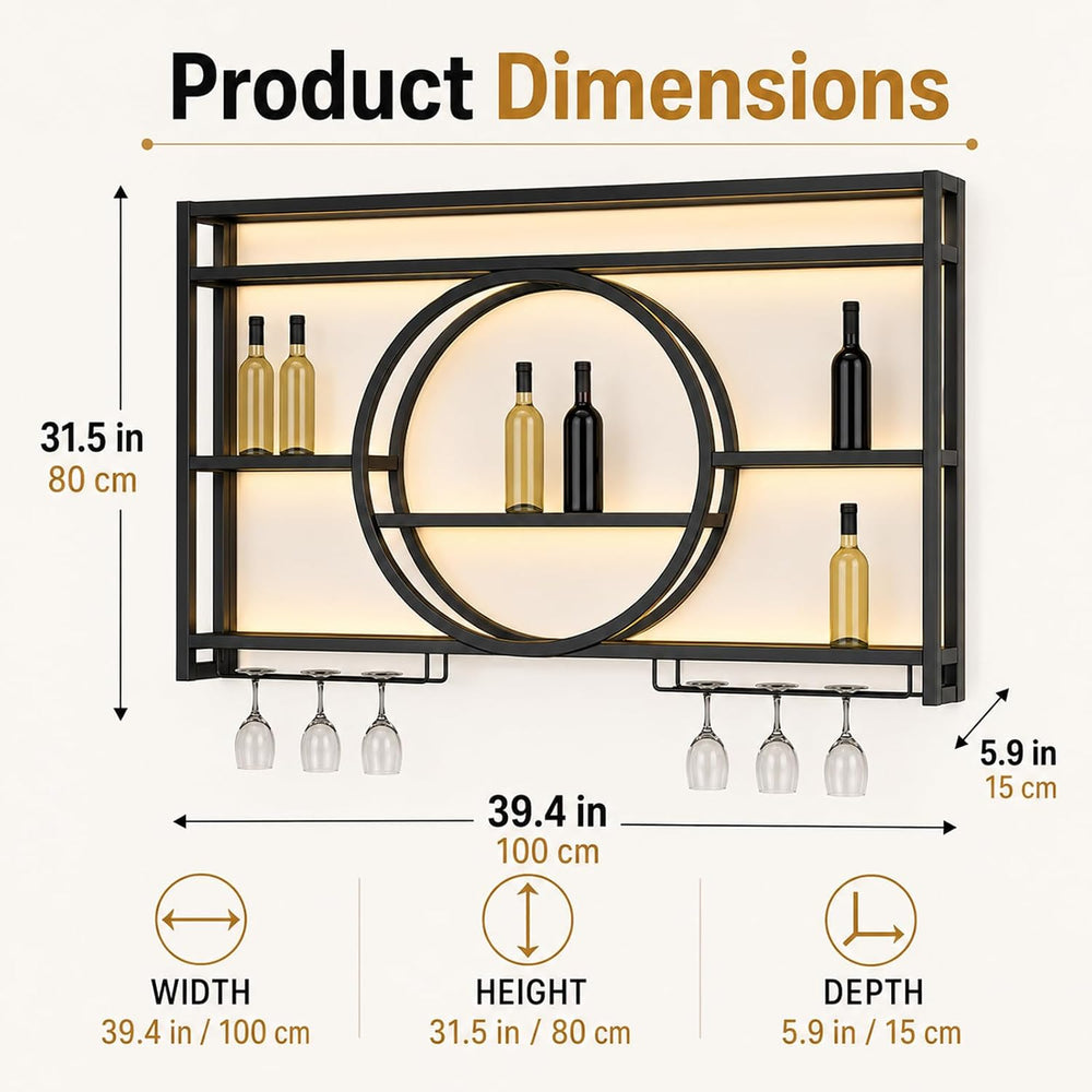 Marsui 39.4" Wall Mounted Wine Rack with LED, 3-Tier Bar Shelf, Circular...