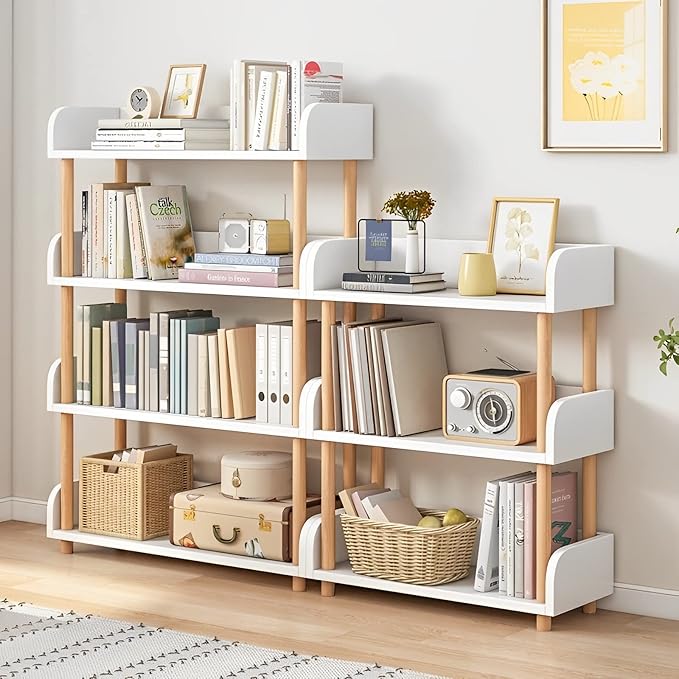 4-Tier Wooden Open Bookcase - Modern Display Bookshelf with Side Panels and S...