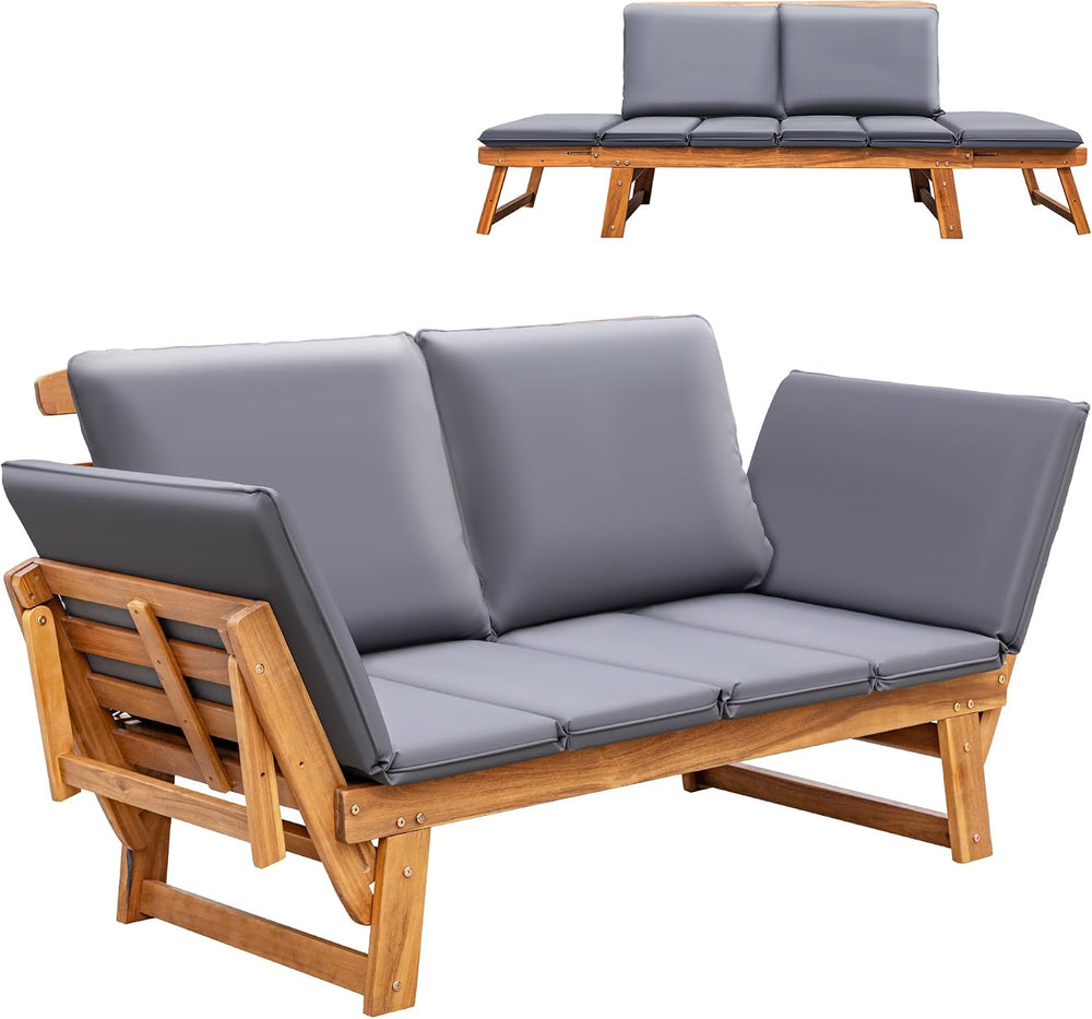 Greesum Patio Convertible Couch Sofa Bed with Adjustable Armrest, Acacia Wood...