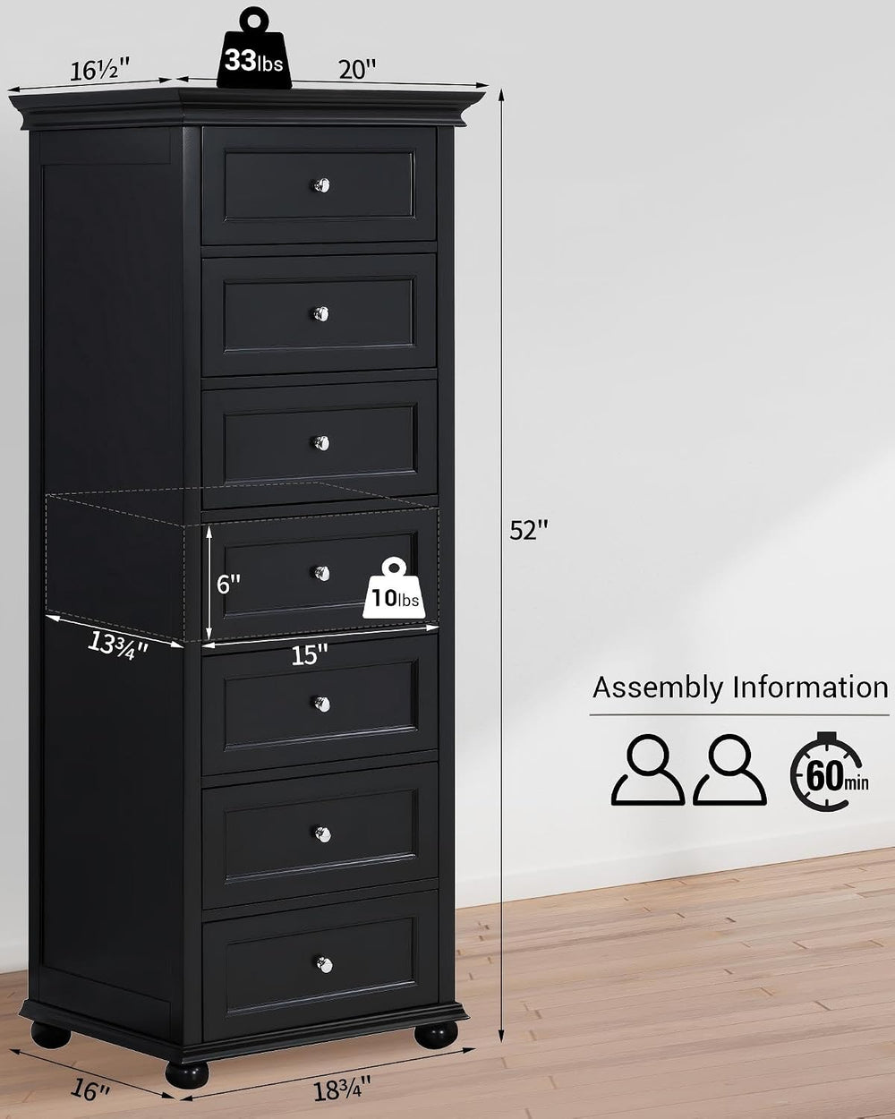 Tall Skinny Dresser for Bedroom with 7 Drawers, Black Narrow Wood Dresser