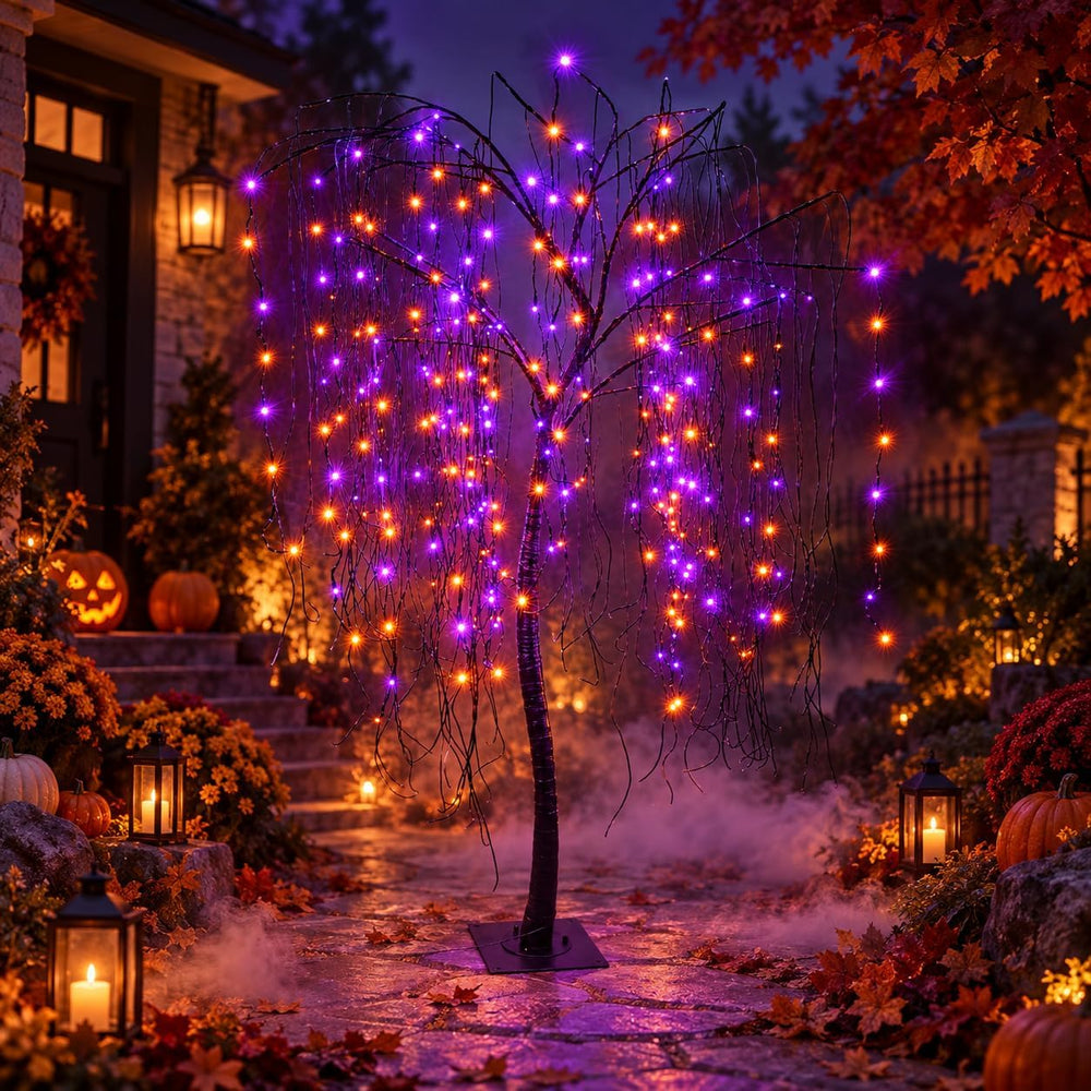 7 FT Halloween Lighted Willow Tree 256 LED Orange and Purple Lights Artificia...