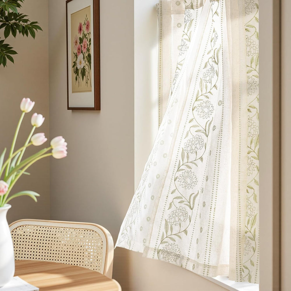 JINCHAN Green Floral Linen Kitchen Tier Curtains 45 Inch Back Tab 2 Panels