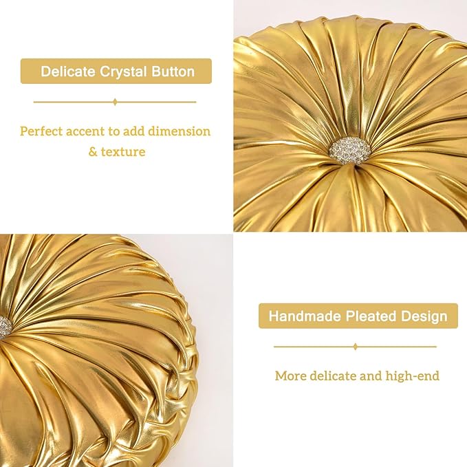 HIG Set of 2 Handcrafted Gold Ruched Round Throw Pillows – 14.5’’ Metallic